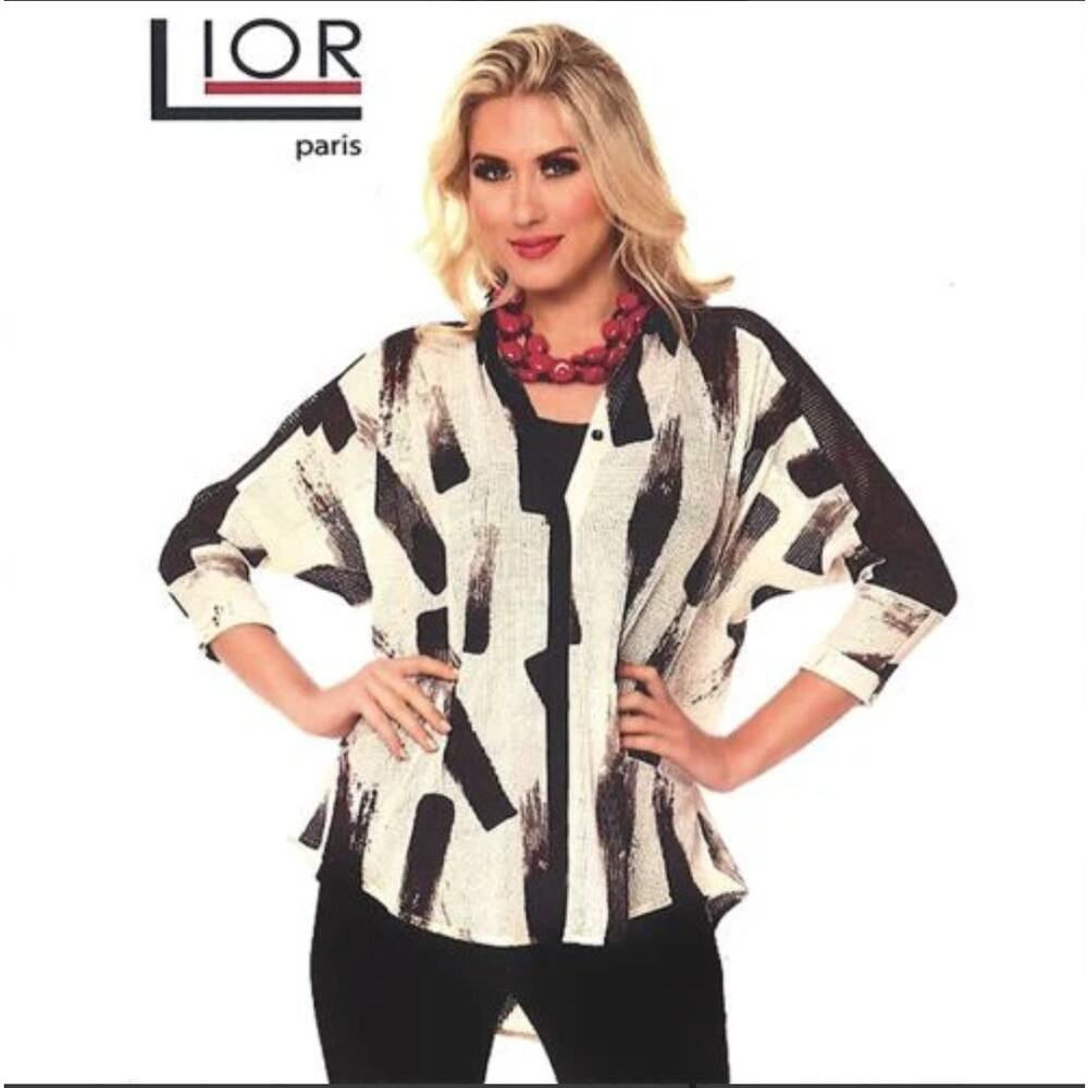 Lior Paris Small Black White Open Weave Outer Blouse Light Jacket Belted‎ Back